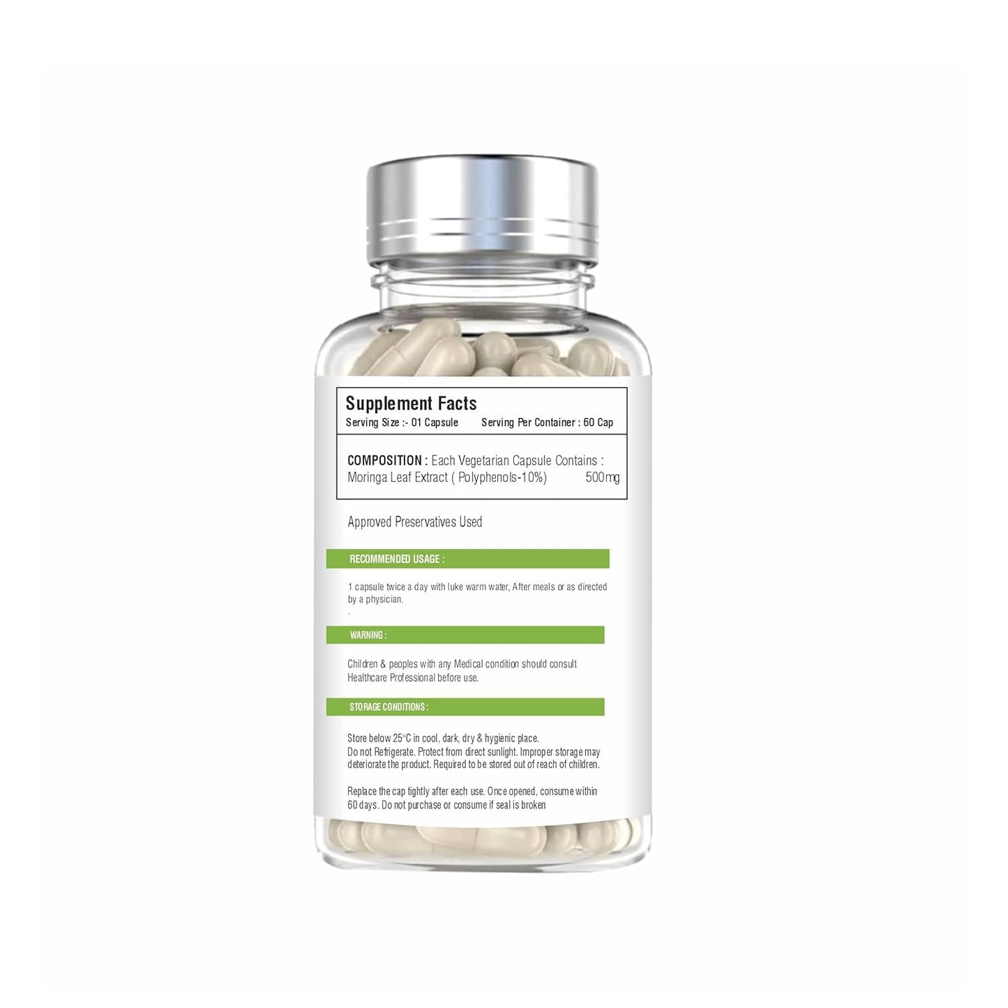 MOKSHVEDA Moringa Extract/Drumstick Leaf Extract Veg Supplement, 60 Vegetarian Capsules (Pack of 1)